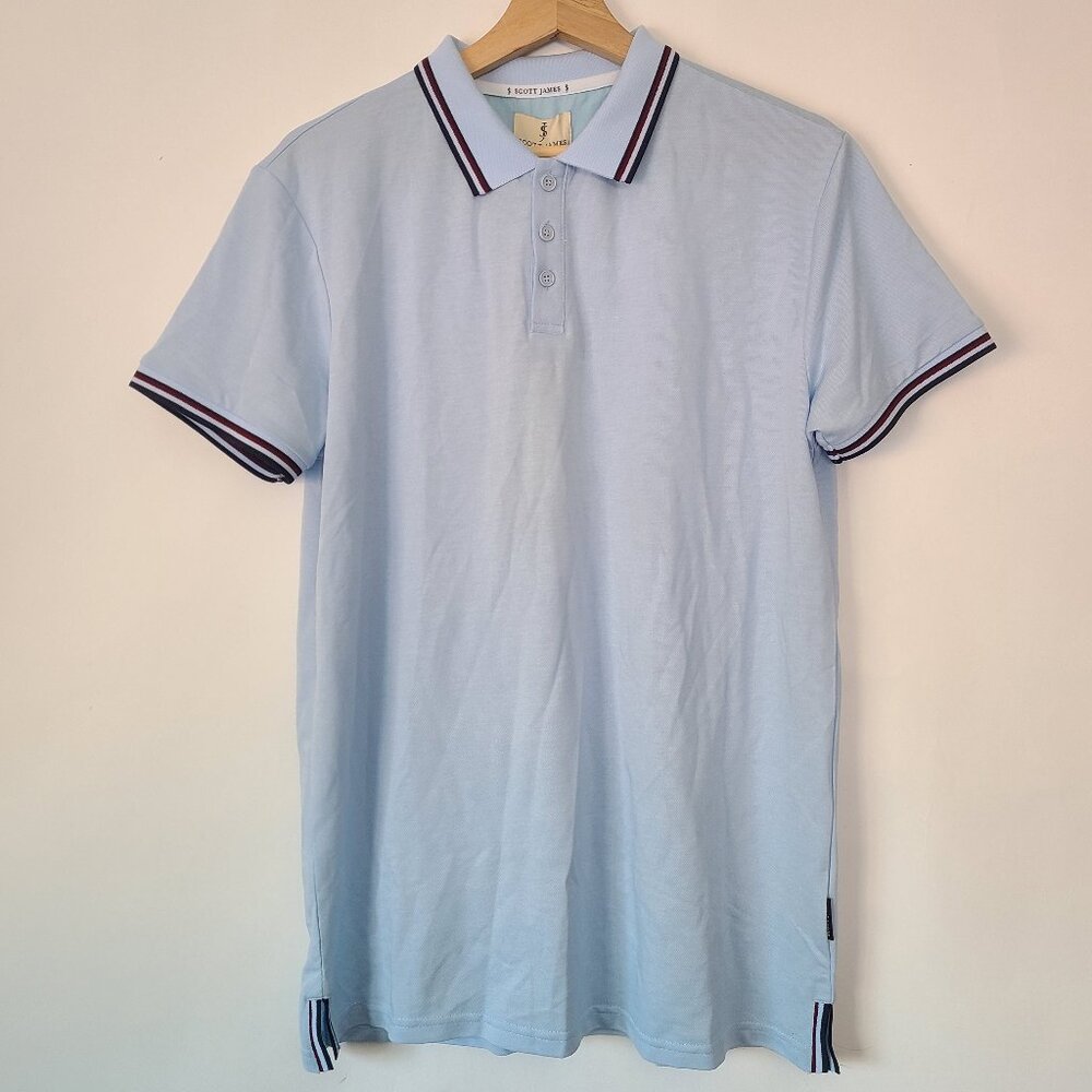 Scott James Light Blue Polo Shirt Slim Fit Tipped Collar Short Sleeve Size L